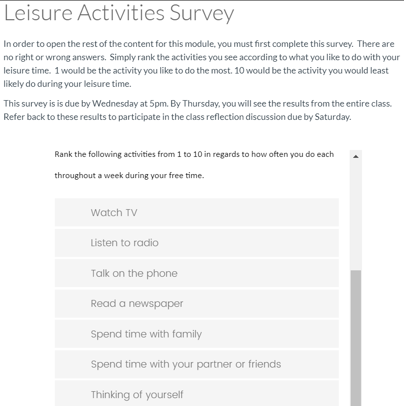 screenshot of student survey