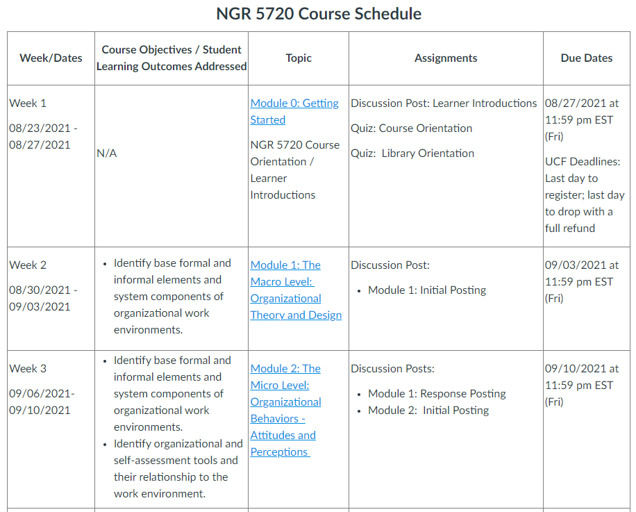 Screenshot of Course schedule