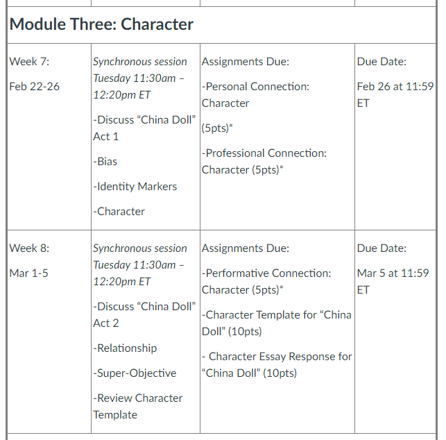 Screenshot of Course schedule showcasing module 3