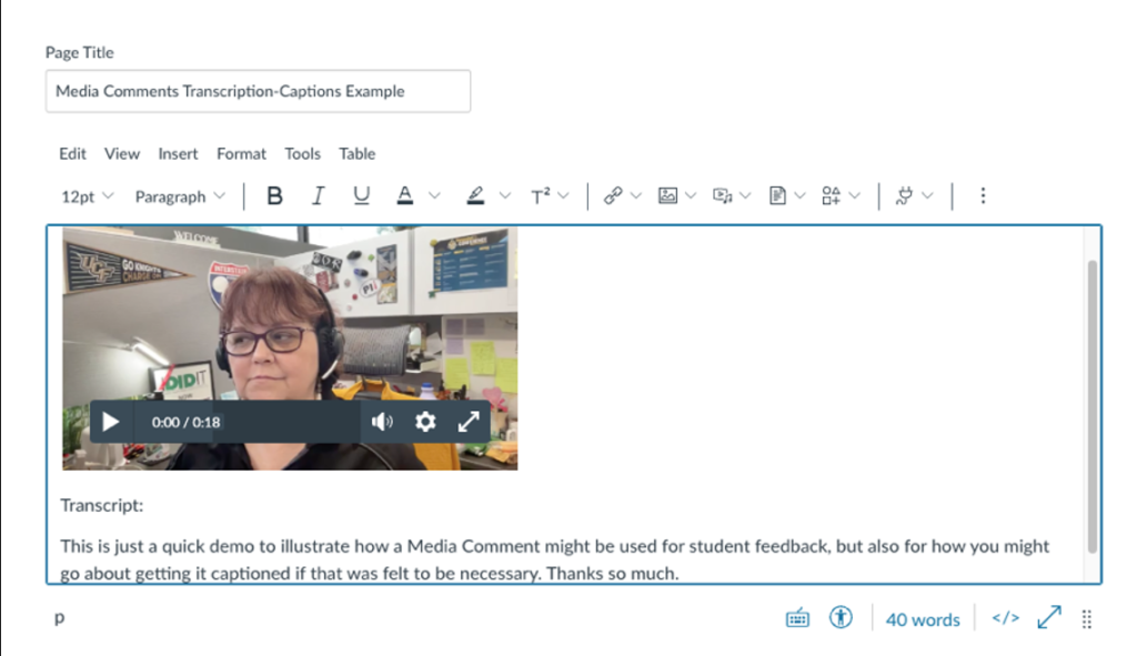 A picture of the media comments box within Webcourses with an embedded video and a woman in the video.