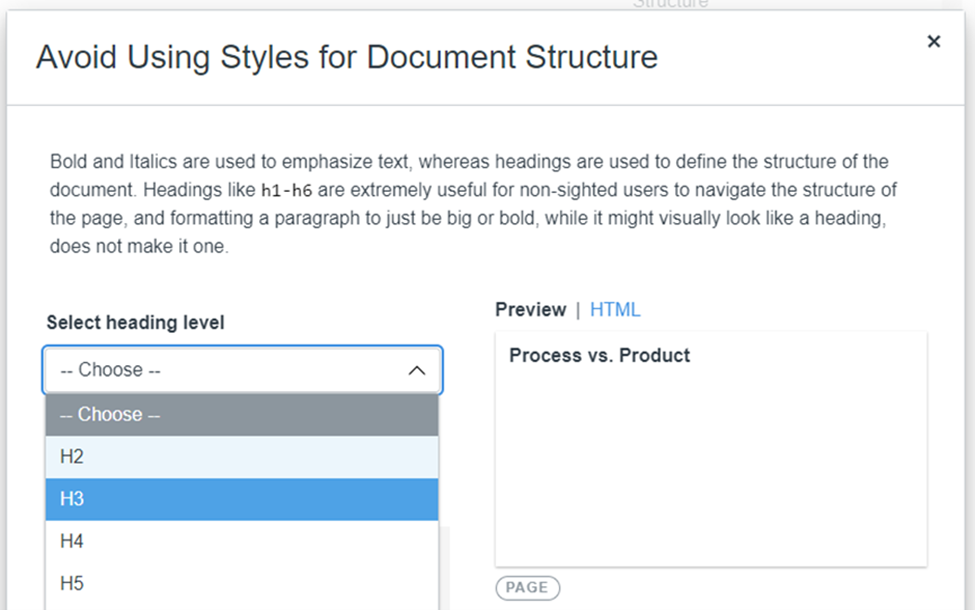 An image of text that states, "Avoid Using Styles for Document Structure."