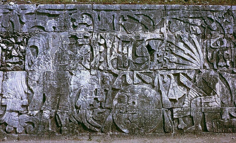 Wall carving in the Great Ballcourt at Chichen Itza depicting sacrifice by decapitation
