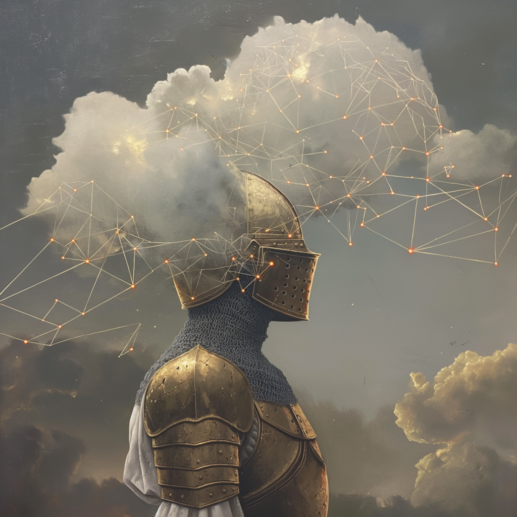 Image created by artificial intelligence. Knight in armor with cloud and sparks. Visualizing brainstorming.