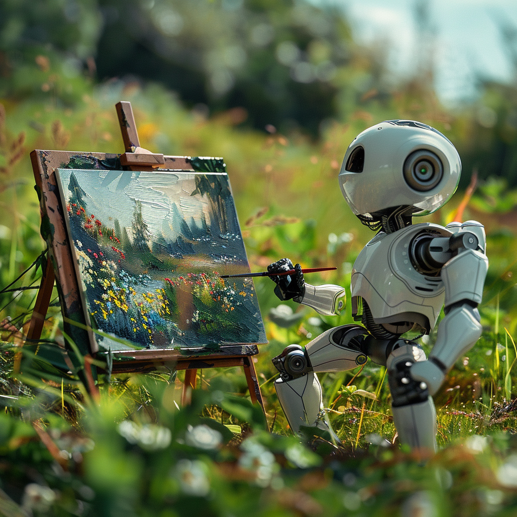 A small black and white robot painting in an open field.