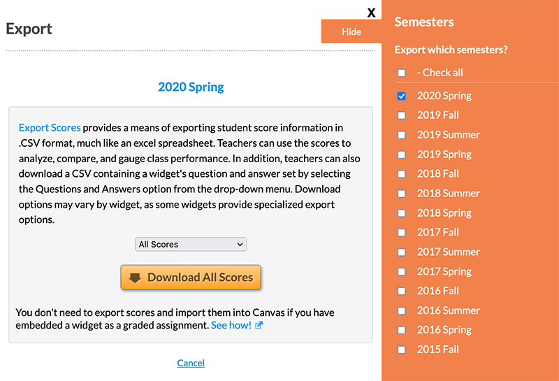View of Export Options Dialog which allows you to download score information and additional widget data like specific semesters.