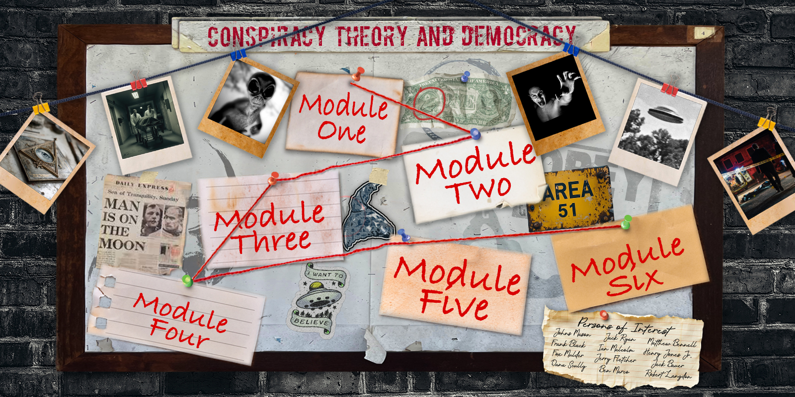Course banner for Conspiracy Theory and Democracy showing a bulletin board with pinned notes, photos, red string, newspaper clippings, and module labels.