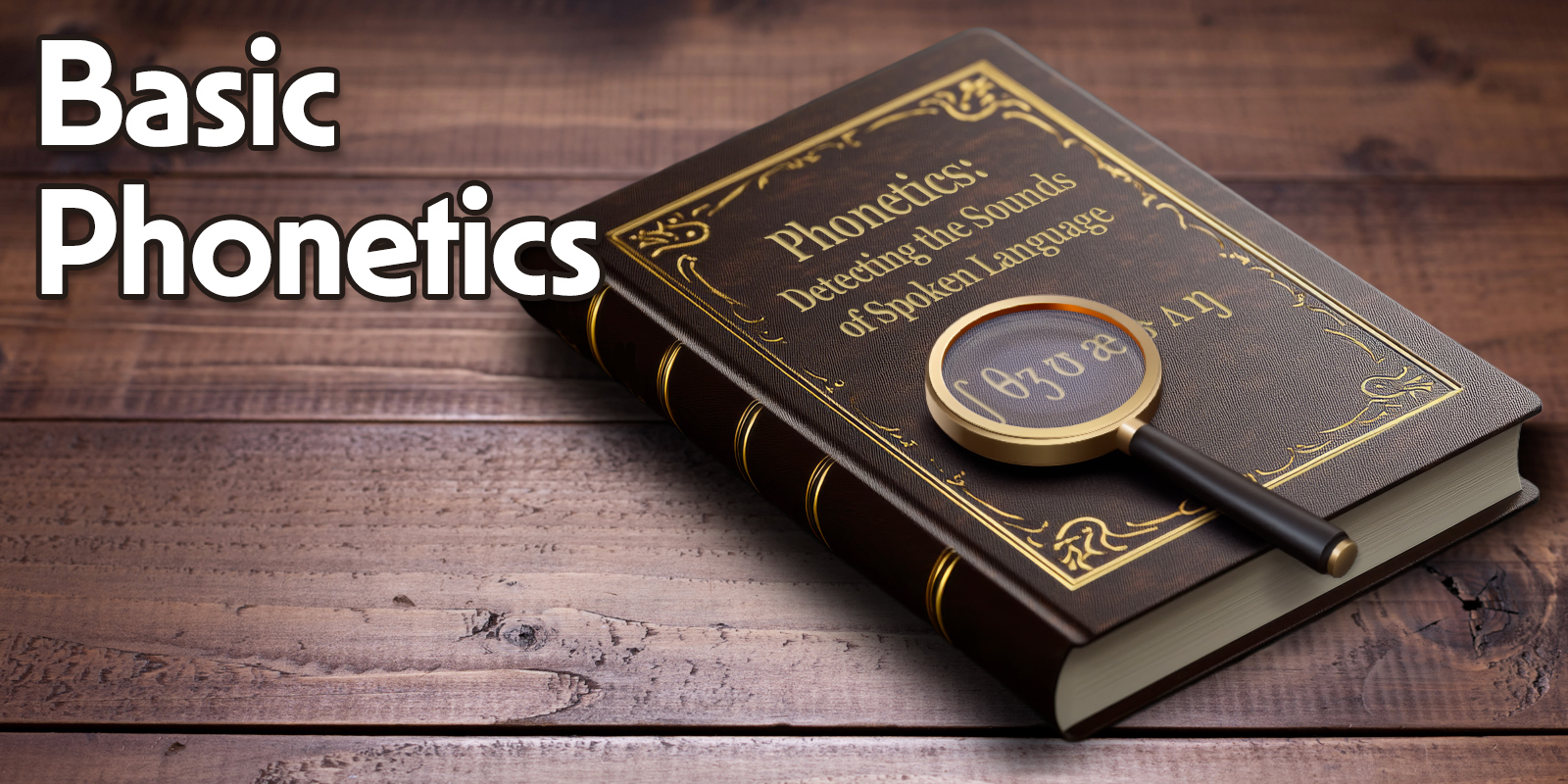 Course banner for Basic Phonetics showing a phonetics book and magnifying glass on a wooden surface.
