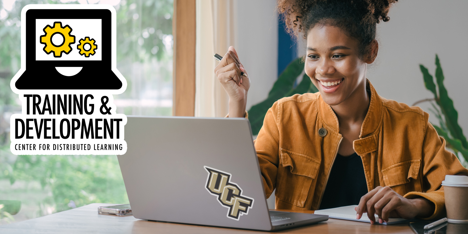 Course banner for Training and Development showing a learner smiling while working on a laptop with a UCF logo and a training and development graphic.