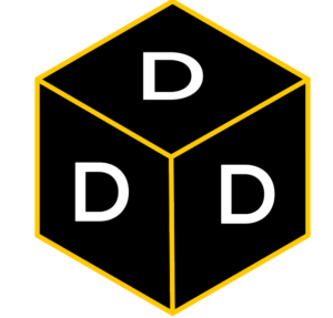 three-quarter view of a cube with three letter Ds on it to represent the 3D badge