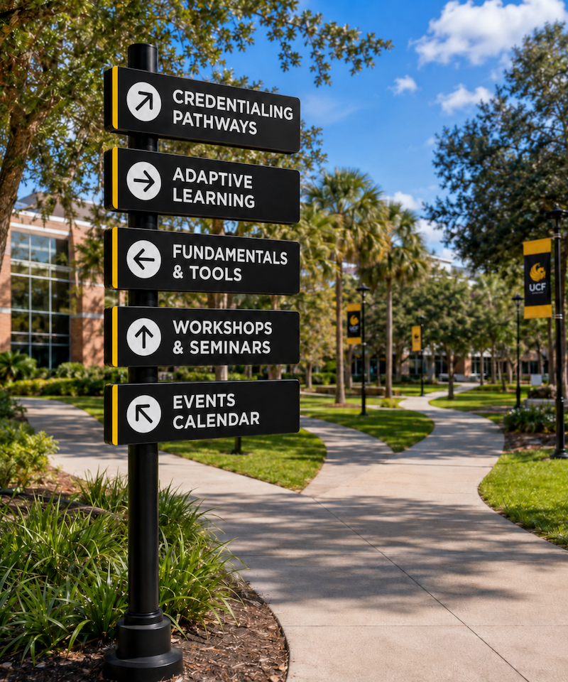 Directional sign displaying various faculty development pathways planted in the middle of UCF walkway